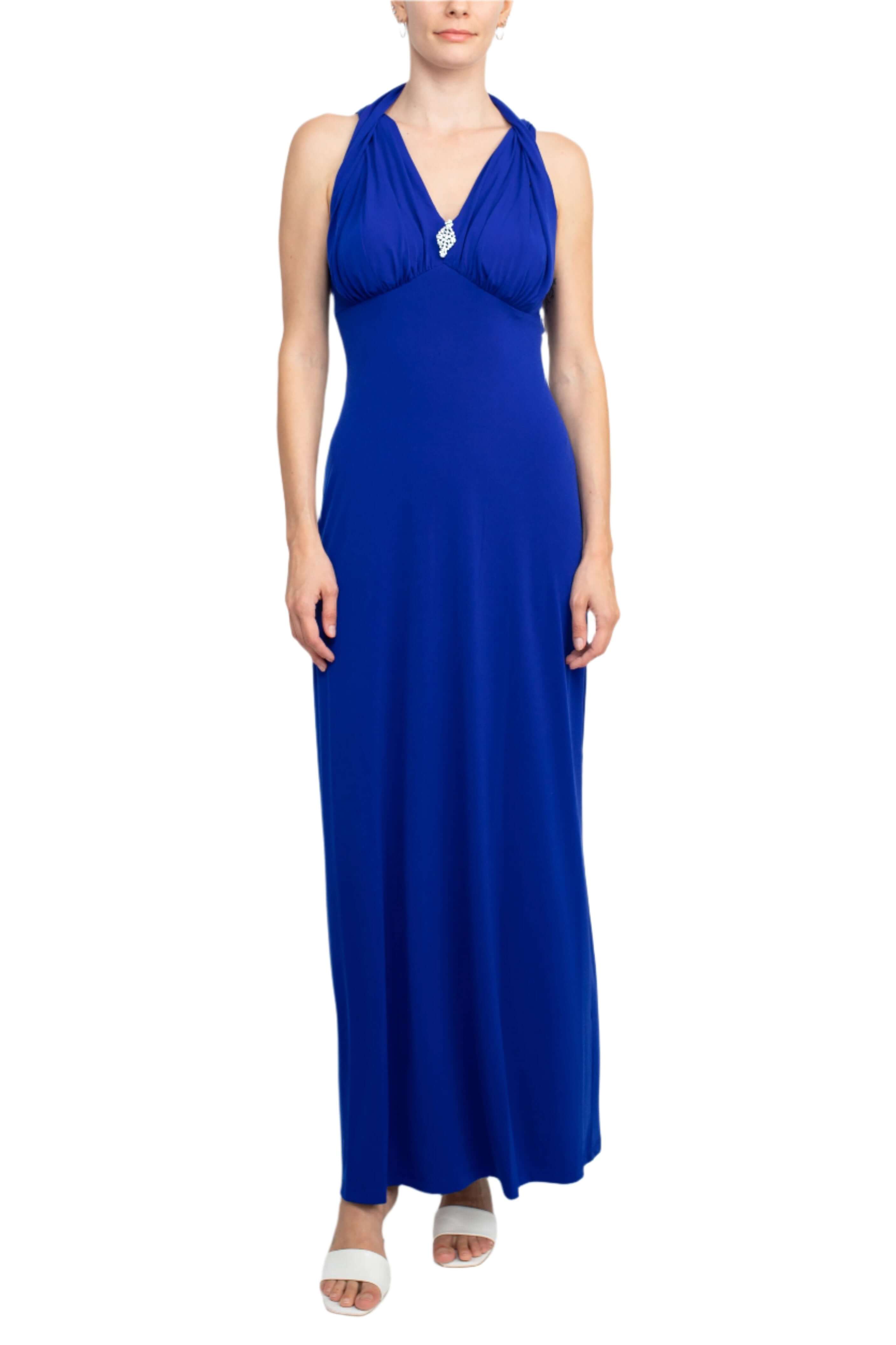 Connected Apparel Crossed Neck Sleeveless Jewelry Front Detail Ruched Empire Waist Solid Jersey Dress-0